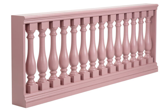 Pink painted wooden balustrade with classic turned spindles and horizontal rails for architectural decoration isolated on a transparent background