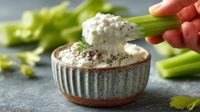 Hand dips crisp green celery into a creamy, seasoned dip, a healthy and fresh snack.