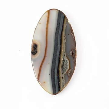 Elongated oval agate slice with natural earthy banding, drilled gemstone for jewelry making on white background