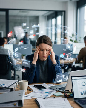 A person in an office with their hands on their head, surrounded by data holograms, work-related charts, and notification icons symbolizing professional stress and cognitive overload.