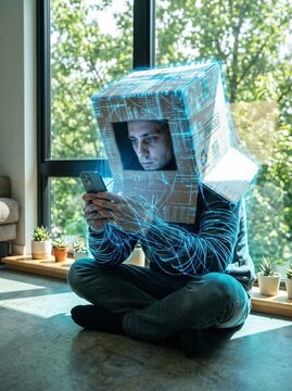 A person with a cardboard box on their head while using a mobile phone. Glowing lines around them simulate a technological interface&mdash;representing technological confinement.