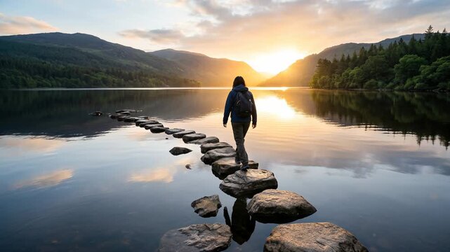 Solitary person with a backpack walking on stepping stones across a calm lake towards the sunset
