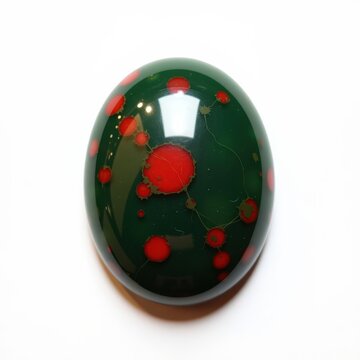 Polished bloodstone cabochon with deep green base and bright red spots isolated on white background