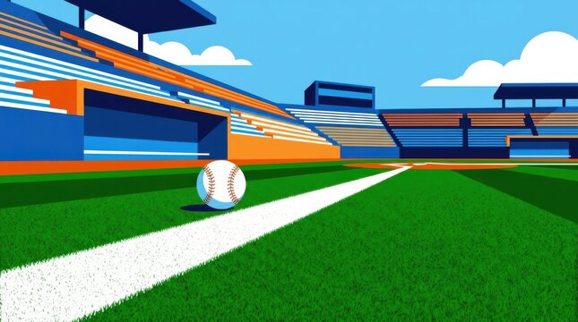 Baseball resting on white baseline of green grass stadium field with vibrant blue sky background for sports competition.