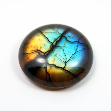 Round labradorite cabochon with vibrant rainbow labradorescence and treelike inclusions on white background