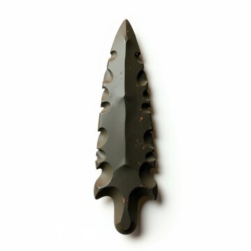 Paleolithic stone spearhead knapped from dark flint, pointed prehistoric tool resting on white background
