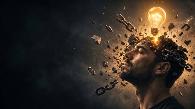 A man in profile, free of chains and stones, with a lit lamp above his head, symbolizing the breaking of limitations, limiting beliefs, or psychological blocks.