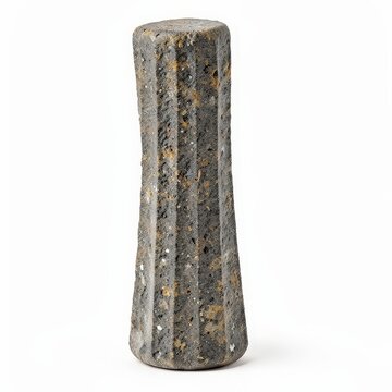 Grooved basalt pestle mesolithic era artifact with textured surface, archaeological tool, isolated on white background