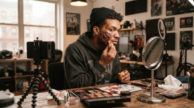 Creating a Spooky Look: A man with a beanie is applying special effects makeup to his face, transforming into a character with gruesome wounds, while a ring light illuminates his work.