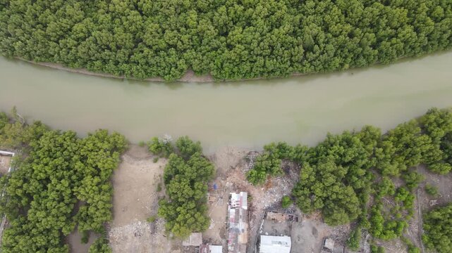 Drone view of a river flowing through a forest in Morondava, Madagascar