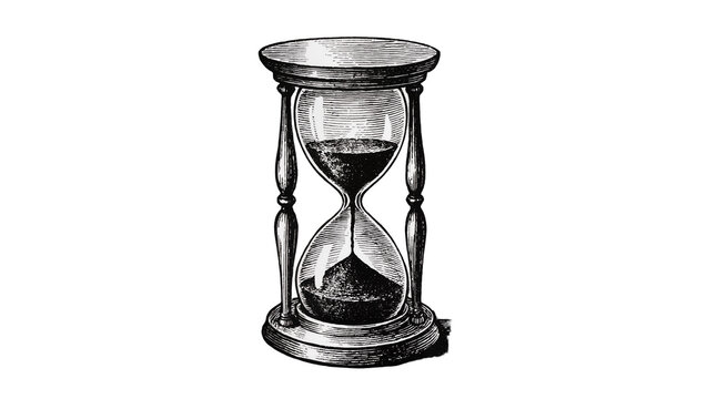 Antique hourglass with dark sand flowing, isolated on transparent background
