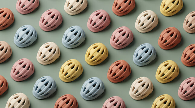 Pattern of colorful children bicycle safety helmets arranged neatly on a green background top view representing protection youth sports active lifestyle and safety equipment