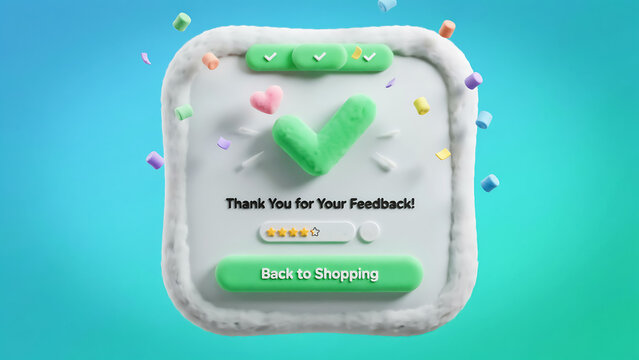 3d render of a thank you for your feedback message window with a green check mark and a back to shopping button on a blue background