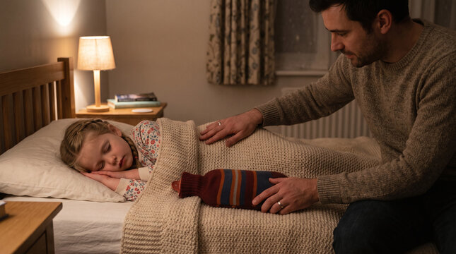 Father tucking hot water bottle beside sleeping sick daughter
