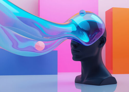 An illustration of a faceless human head sculpture with a fluidly displaced brain underneath, reflecting the concept of AI and artificial intelligence consciousness.