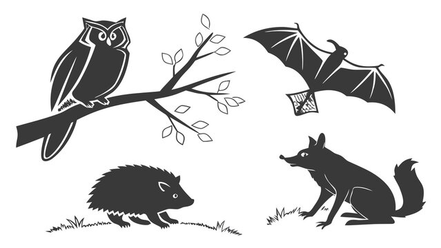 Funny Animal Collection with Cat, Dog, Bird, Bear, Mouse and Squirrel Silhouettes, Cute Cartoon Pet Icons and Halloween Vector Illustration Set