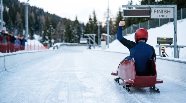 Male adult athlete celebrating victory crossing finish line in bobsled race on icy track in winter sports competition
