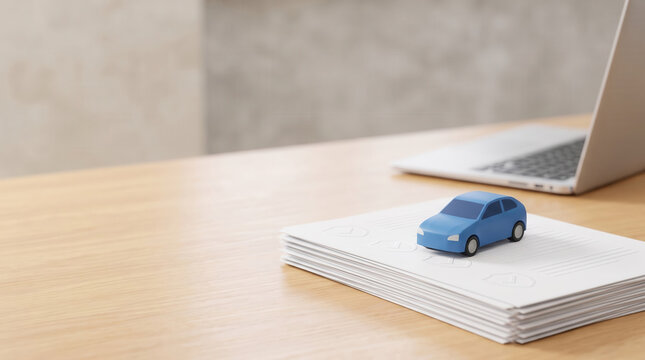 Blue toy car on stack of documents with laptop on wooden desk representing auto insurance and car finance concepts