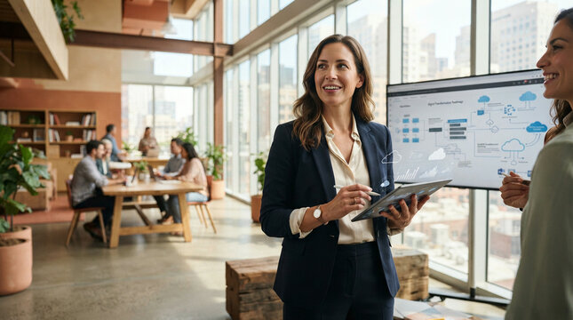 Two women discussing strategy diagrams by a whiteboard in an office in soft natural light