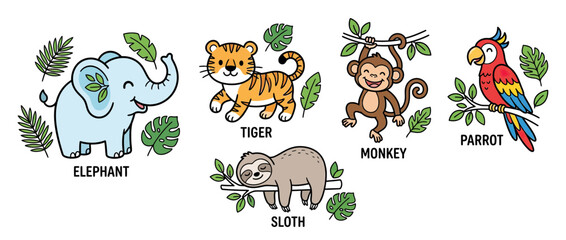Naklejka premium Cute Cartoon Jungle Animals Collection Isolated