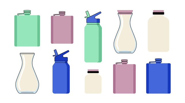 Reusable water bottles and flasks are displayed in a clean flat illustration style.