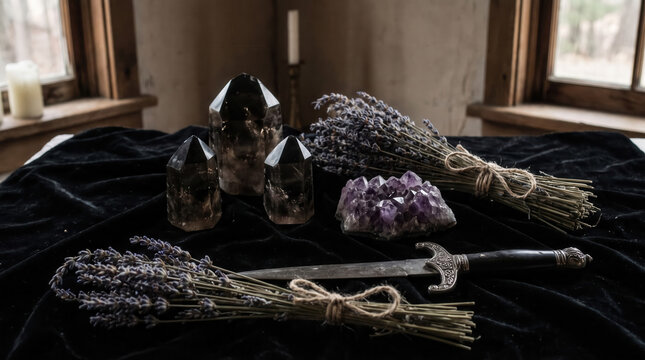 Mystical altar setting with dark crystals, amethyst cluster, dried lavender bundles, and an ritual athame knife on a black velvet cloth for occult and witchcraft practices
