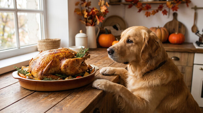 Golden Retriever dog gazing longingly at a freshly roasted Thanksgiving turkey on a rustic kitchen counter with autumn decorations