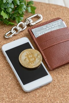 Bitcoin cryptocurrency coin and smartphone, Brown leather wallet with credit cards, Digital finance mobile technology concept