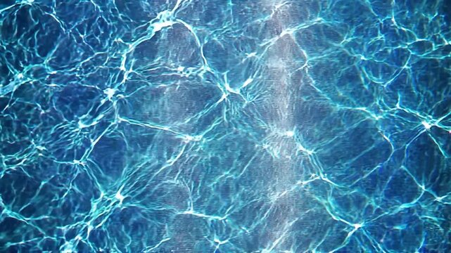 Slow motion aerial tracking shot of pool water ripples shimmering under bright sunlight in outdoor backyard swimming setting conveying calm summer mood