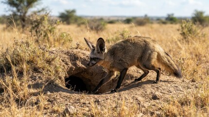 Fototapeta premium Bat-eared Fox Emerges from Burrow: A striking bat-eared fox, identifiable by its large ears and distinctive markings, cautiously emerges from its underground burrow in the arid African savanna.