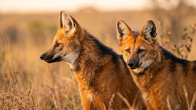 two maned wolves close up at morning light in brazilian cerrado video