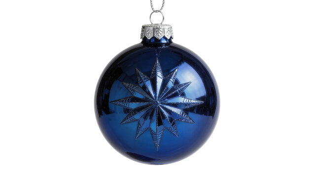 Deep blue glass Christmas ornament with star pattern, isolated on transparent background