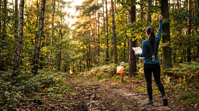 Young adult woman celebrating success during orienteering in forest with map and control point marker