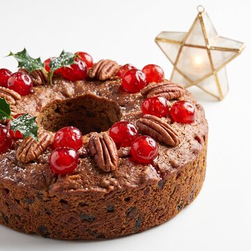 Filipino Christmas Fruitcake with Mini Capiz Parol Star Decoration on White Background