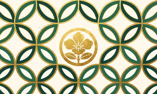 Japanese Shippo Pattern Background with Emerald Green Circles and Gold Flower Kamon Crest