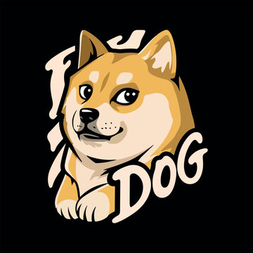 Cute Shiba Inu Dog Vector Illustration Meme Doge Character Graphic. Shiba Inu Dog Face Vector Sticker Design Isolated on Black Background. Funny Doge Dog Meme Vector Illustration for T Shirt Design. 