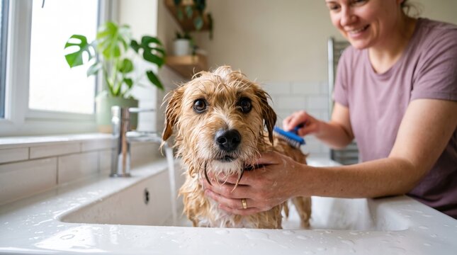 A woman washing a small wet terrier dog in a white kitchen sink with a blue grooming brush while the dog looks directly at the camera with large brown eyes in a bright home setting