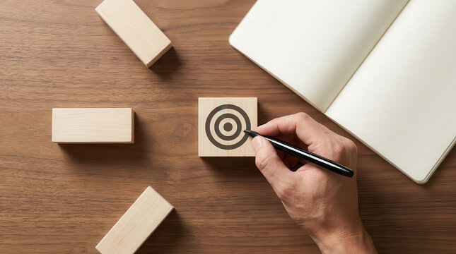 Hand sketching a target icon on a wooden cube beside a blank open notebook and scattered wooden blocks on a wooden desk, symbolizing goal setting, focus, business strategy, and achieving success