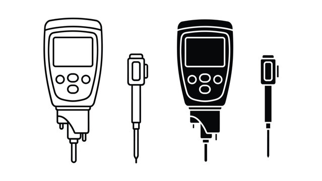 Set of digital ph meter and probe icons, handheld water quality testing equipment for laboratory and industrial analysis, outline and solid vector illustration