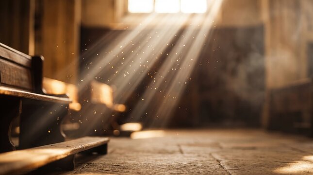 Bright sunbeams streaming through a window into a dim church interior with wooden pews and floating dust motes illuminated in the golden light rays falling onto a stone floor