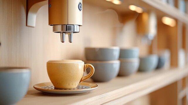 Robotic arm perfectly pouring coffee into cups in a modern cafe setting
