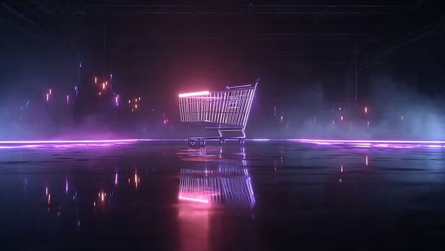 Pink neon shopping cart in dark futuristic warehouse with atmospheric purple smoke and floor reflection