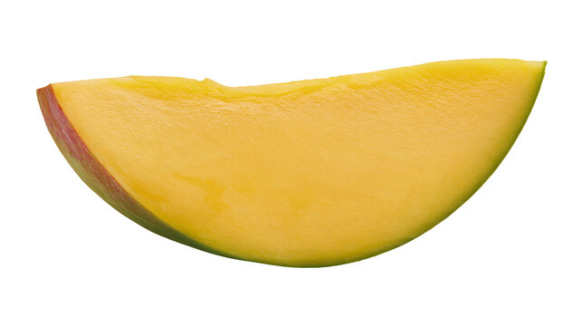 Bright yellow mango slice with red skin edge, isolated on transparent background