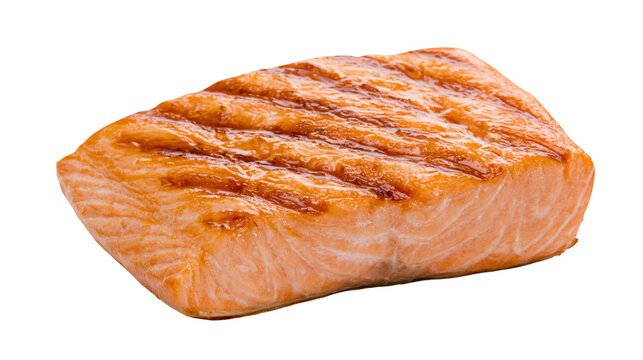 Juicy grilled salmon fillet with char marks, isolated on transparent background