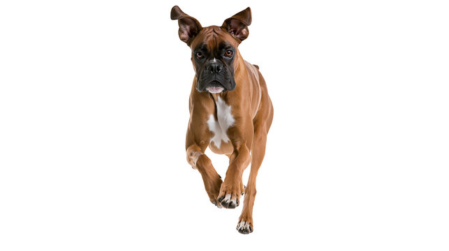 Brown boxer dog running forward, isolated on transparent background