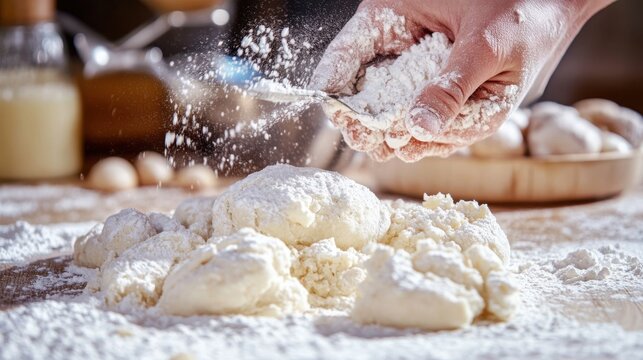 Chef hands sift white flour over fresh dough during the baking process.