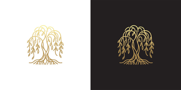 Elegant Golden Willow Tree Line Art Logo Design Featuring Intricate Roots and Drooping Branches for Nature Inspired Branding Identity