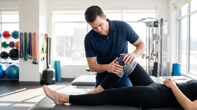 Male physiotherapist in blue polo shirt adjusting a professional knee brace on a female patient lying on a treatment table in a bright rehabilitation clinic.