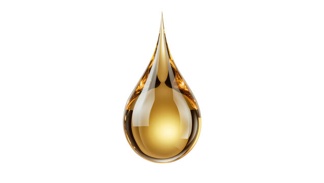 Golden viscous liquid drop, isolated on transparent background