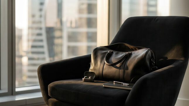 Leather briefcase bag resting on a dark velvet armchair beside a window with a city skyline view, representing business travel, professional lifestyle, luxury accessories, and modern office interiors